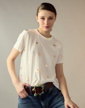  Damen-Tops von Cynthia Rowley | Metallic-T-Shirt mit Schloss- und Schlüsselmotiv